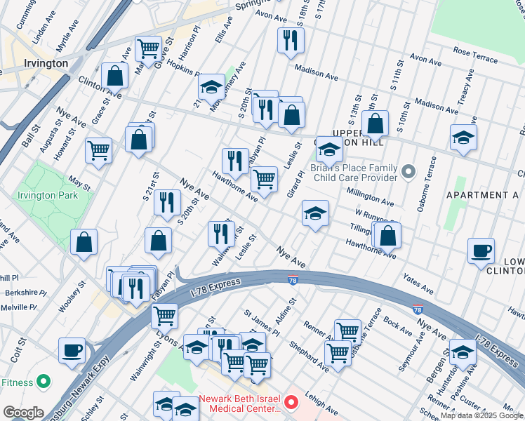 map of restaurants, bars, coffee shops, grocery stores, and more near 119 Leslie Street in Newark