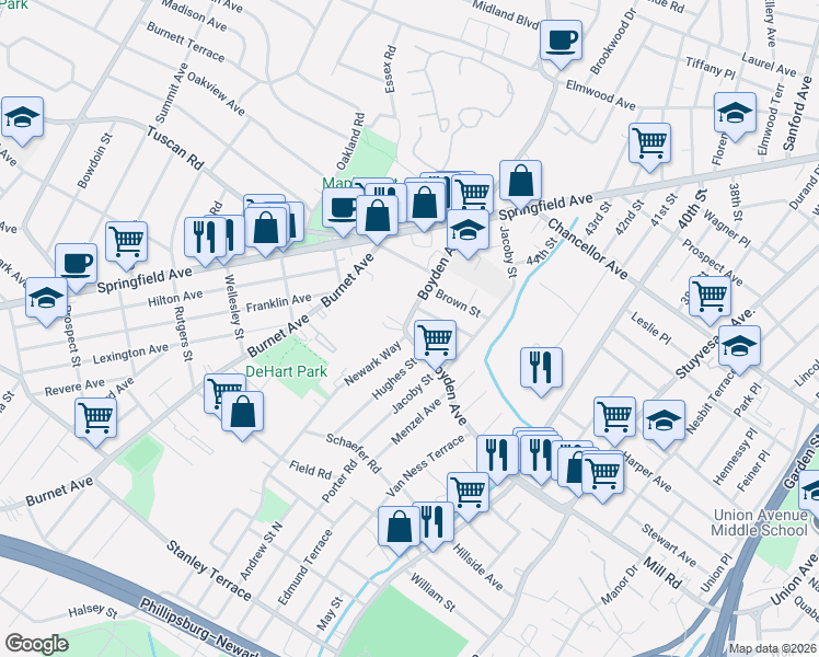 map of restaurants, bars, coffee shops, grocery stores, and more near 386 Boyden Avenue in Maplewood