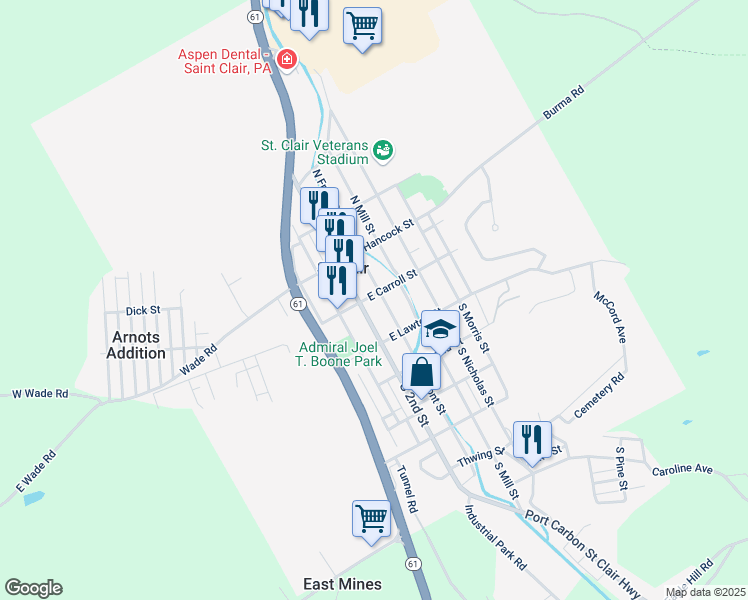 map of restaurants, bars, coffee shops, grocery stores, and more near 33 -35 North 2nd Street in Saint Clair