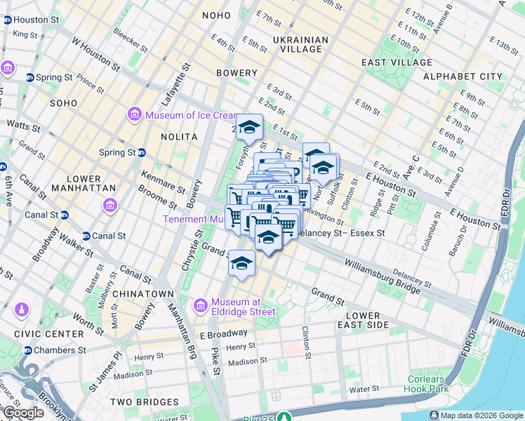 map of restaurants, bars, coffee shops, grocery stores, and more near 125 Orchard Street in New York