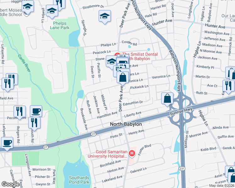 map of restaurants, bars, coffee shops, grocery stores, and more near 12 Springwood Drive in North Babylon