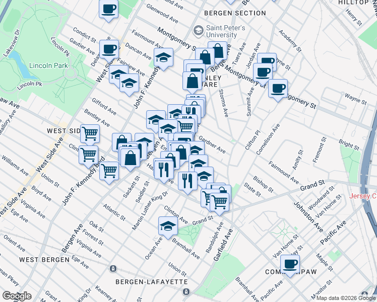 map of restaurants, bars, coffee shops, grocery stores, and more near in Jersey City