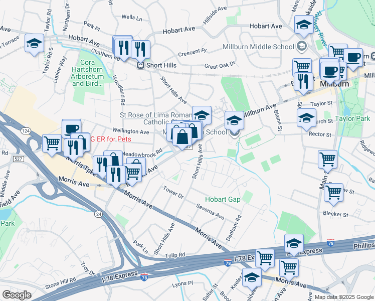 map of restaurants, bars, coffee shops, grocery stores, and more near 305 Short Hills Avenue in Springfield