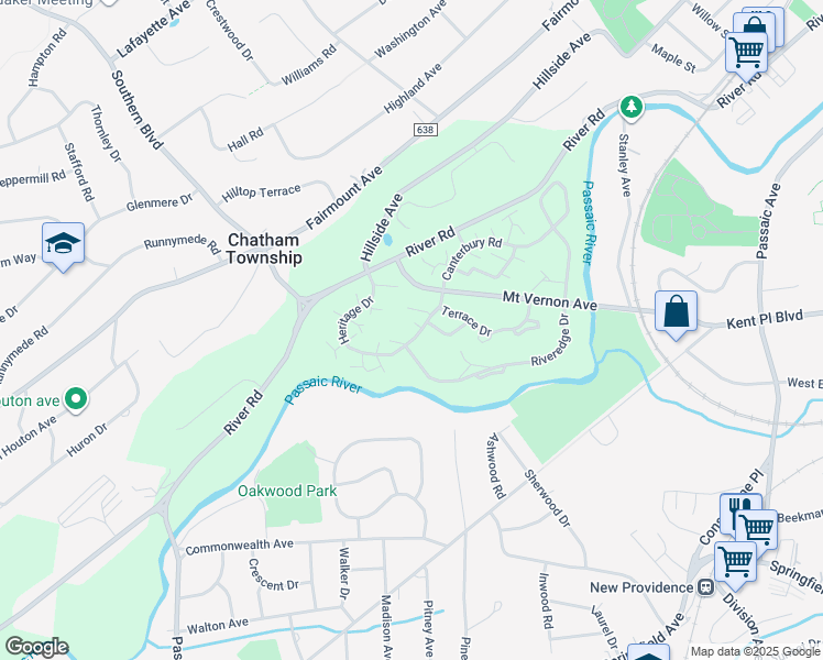 map of restaurants, bars, coffee shops, grocery stores, and more near 6 Heritage Drive in Chatham Township