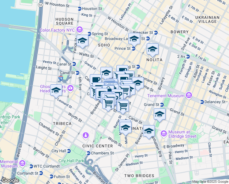 map of restaurants, bars, coffee shops, grocery stores, and more near in New York