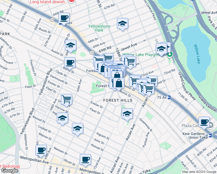 map of restaurants, bars, coffee shops, grocery stores, and more near 70-55 Dartmouth Street in Queens