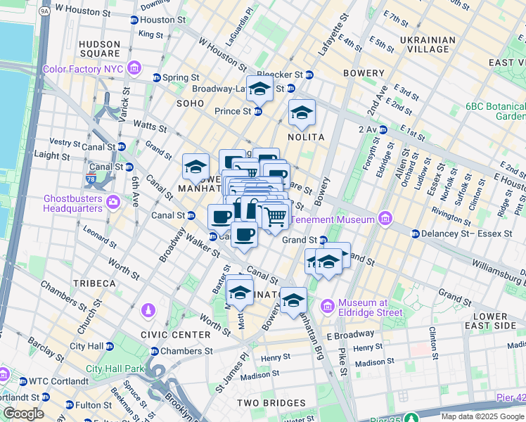 map of restaurants, bars, coffee shops, grocery stores, and more near 142 Mulberry Street in New York