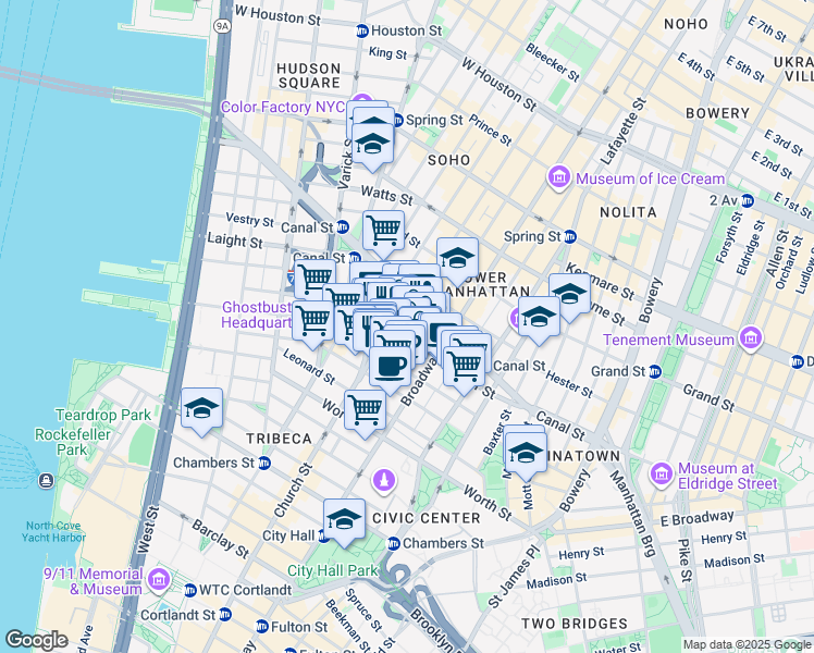 map of restaurants, bars, coffee shops, grocery stores, and more near 39 Walker Street in New York