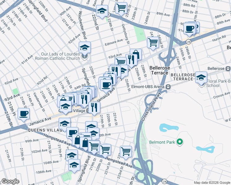 map of restaurants, bars, coffee shops, grocery stores, and more near 95-20 222nd Street in Queens