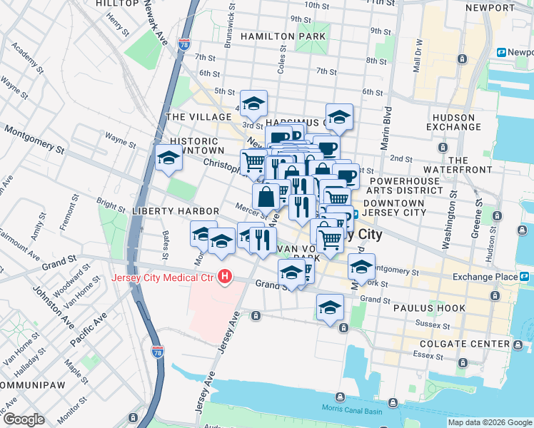 map of restaurants, bars, coffee shops, grocery stores, and more near 474 Jersey Avenue in Jersey City
