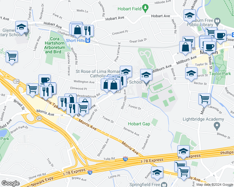 map of restaurants, bars, coffee shops, grocery stores, and more near 305 Short Hills Avenue in Springfield