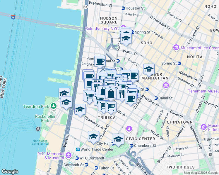 map of restaurants, bars, coffee shops, grocery stores, and more near in New York