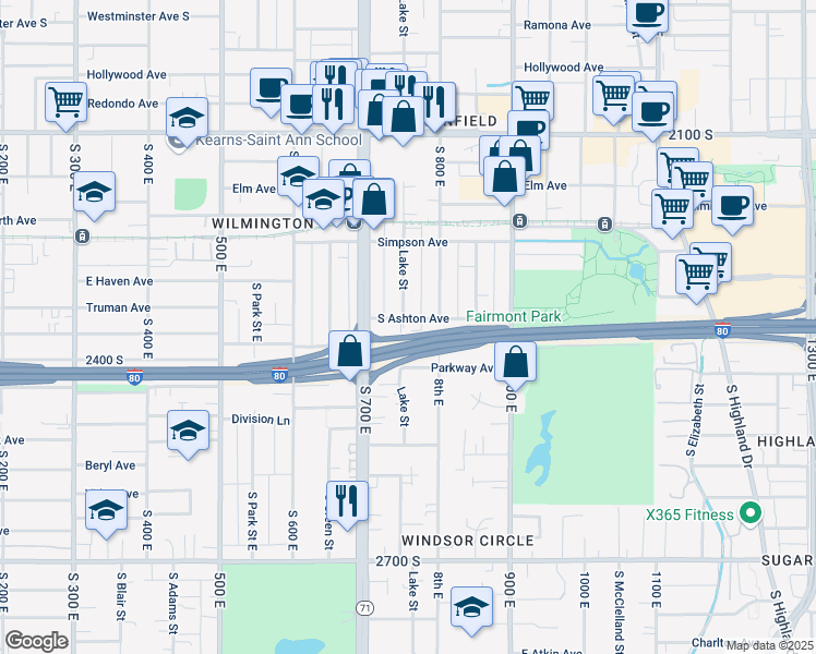 map of restaurants, bars, coffee shops, grocery stores, and more near 2361 Lake Street in Salt Lake City