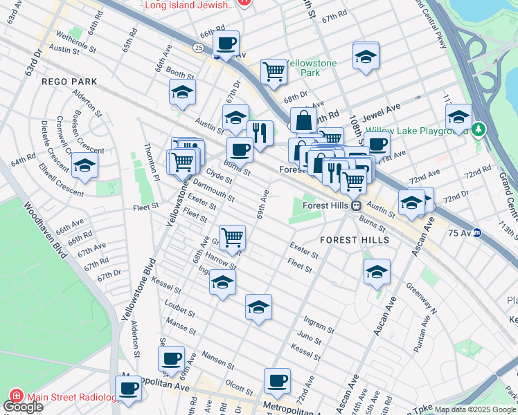 map of restaurants, bars, coffee shops, grocery stores, and more near 68-59 Exeter Street in Queens