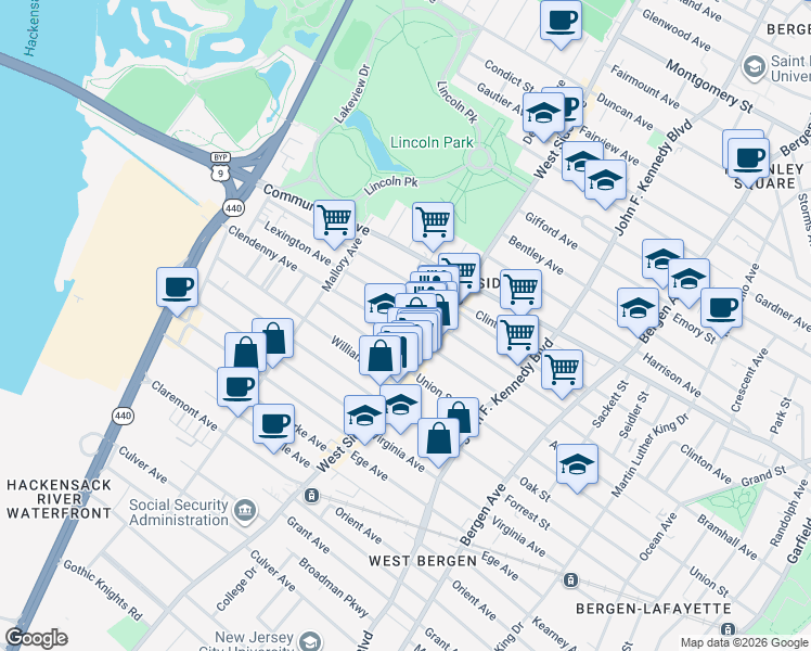map of restaurants, bars, coffee shops, grocery stores, and more near 525 West Side Avenue in Jersey City