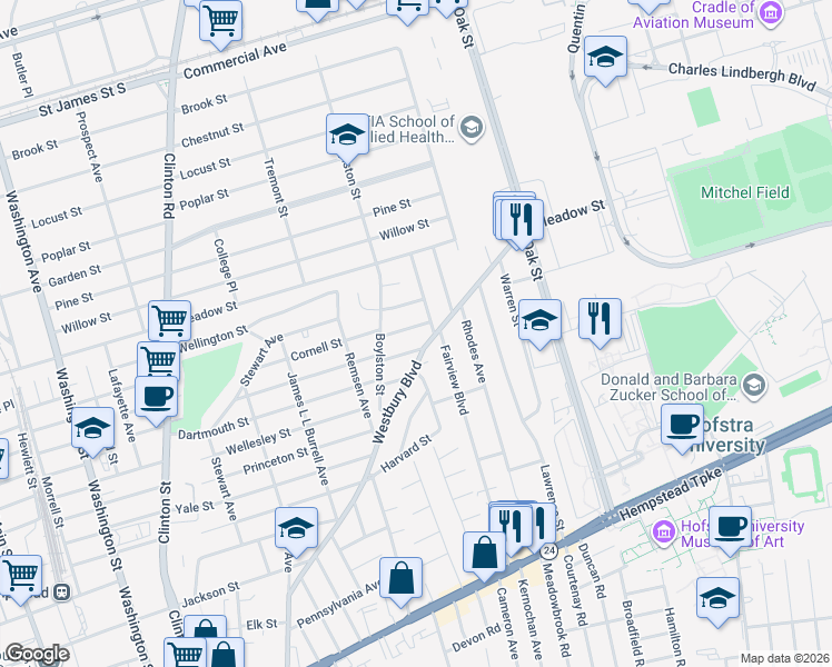 map of restaurants, bars, coffee shops, grocery stores, and more near 296 Westbury Boulevard in Hempstead