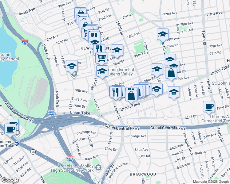 map of restaurants, bars, coffee shops, grocery stores, and more near 25 Main Street in Queens