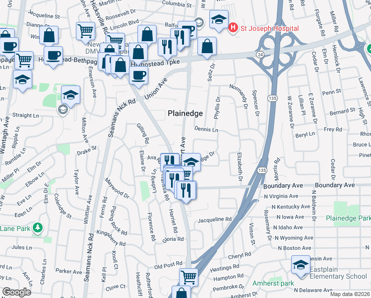 map of restaurants, bars, coffee shops, grocery stores, and more near 32 Stewart Avenue in Bethpage