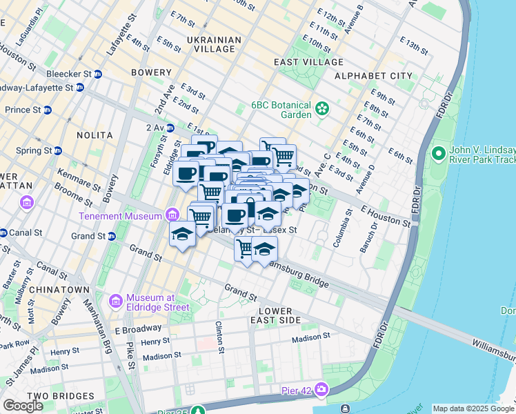 map of restaurants, bars, coffee shops, grocery stores, and more near 42 Clinton Street in New York