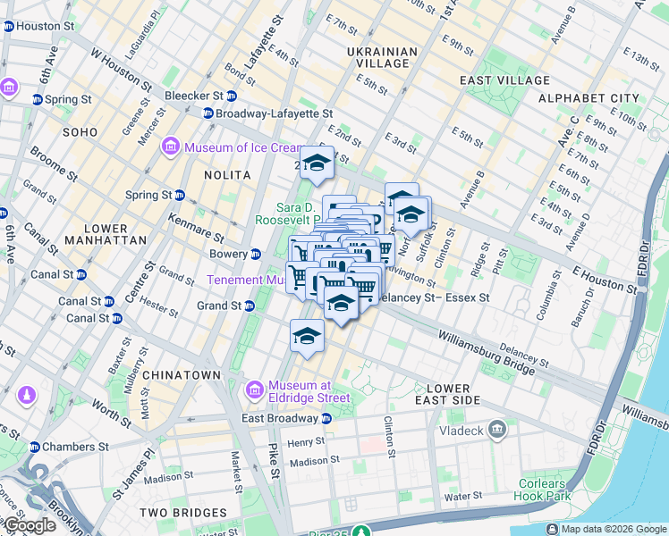 map of restaurants, bars, coffee shops, grocery stores, and more near 127 Orchard Street in New York