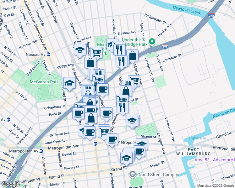 map of restaurants, bars, coffee shops, grocery stores, and more near 16 Monitor Street in Brooklyn
