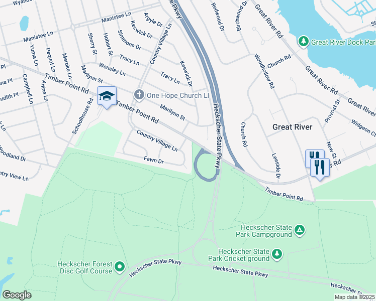 map of restaurants, bars, coffee shops, grocery stores, and more near 200 Country Village Lane in East Islip