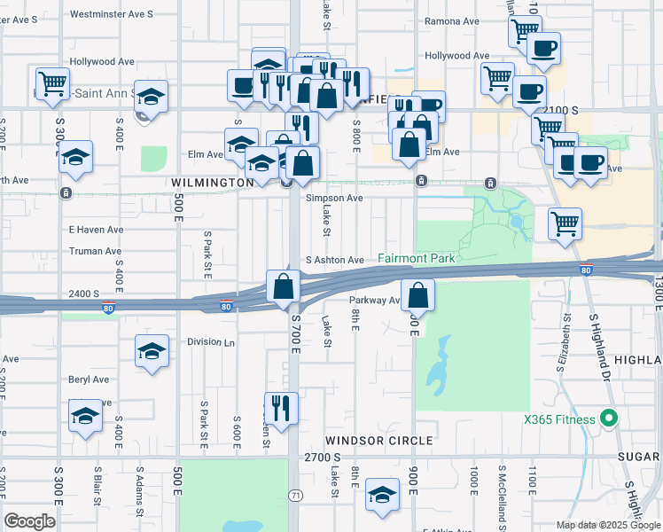 map of restaurants, bars, coffee shops, grocery stores, and more near 752 East Ashton Avenue in Salt Lake City