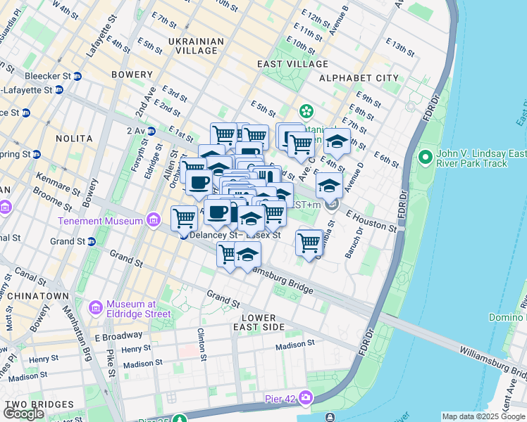 map of restaurants, bars, coffee shops, grocery stores, and more near 195 Stanton Street in New York