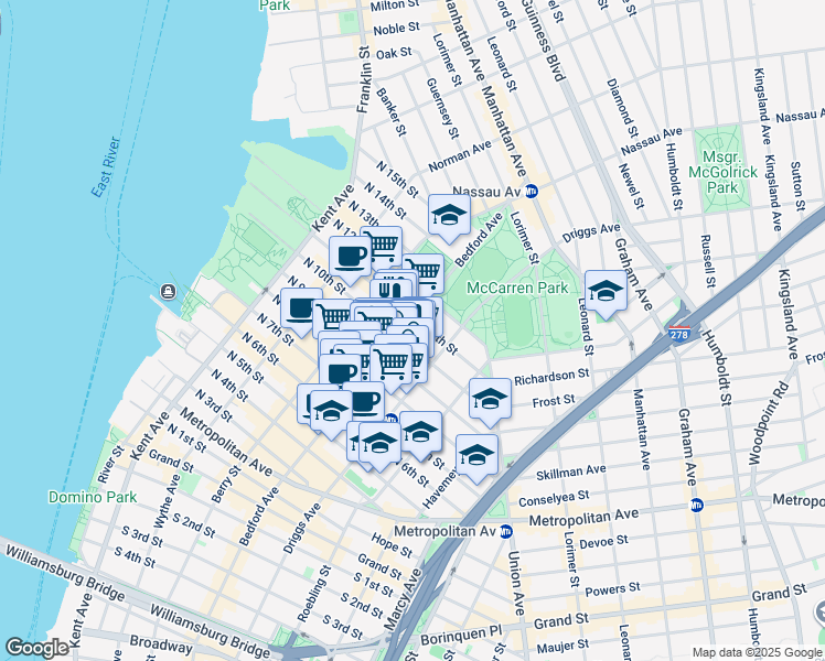 map of restaurants, bars, coffee shops, grocery stores, and more near 117 Bedford Avenue in Brooklyn