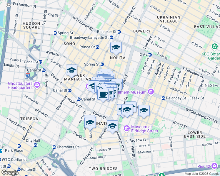 map of restaurants, bars, coffee shops, grocery stores, and more near 203 Grand Street in New York