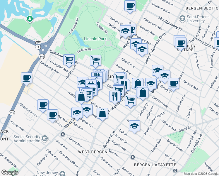 map of restaurants, bars, coffee shops, grocery stores, and more near 90 Lexington Avenue in Jersey City