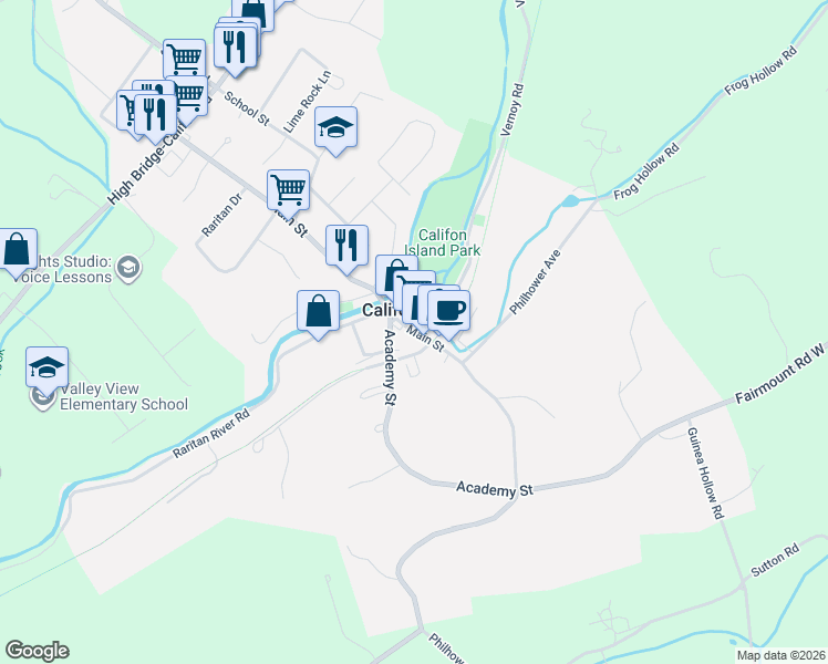 map of restaurants, bars, coffee shops, grocery stores, and more near 3 Railroad Avenue in Califon