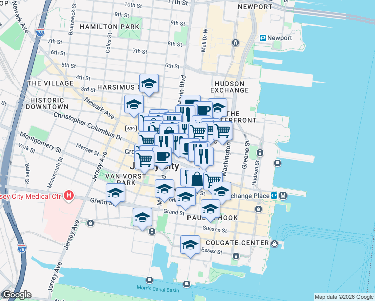 map of restaurants, bars, coffee shops, grocery stores, and more near 68 Christopher Columbus Drive in Jersey City