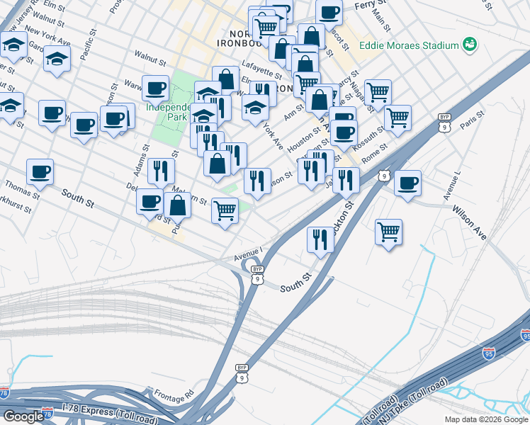 map of restaurants, bars, coffee shops, grocery stores, and more near 15 Backus Street in Newark