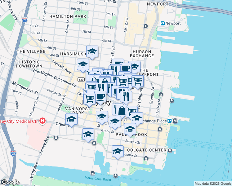 map of restaurants, bars, coffee shops, grocery stores, and more near 68 Christopher Columbus Drive in Jersey City