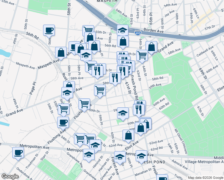 map of restaurants, bars, coffee shops, grocery stores, and more near 58-11 60th Street in Queens