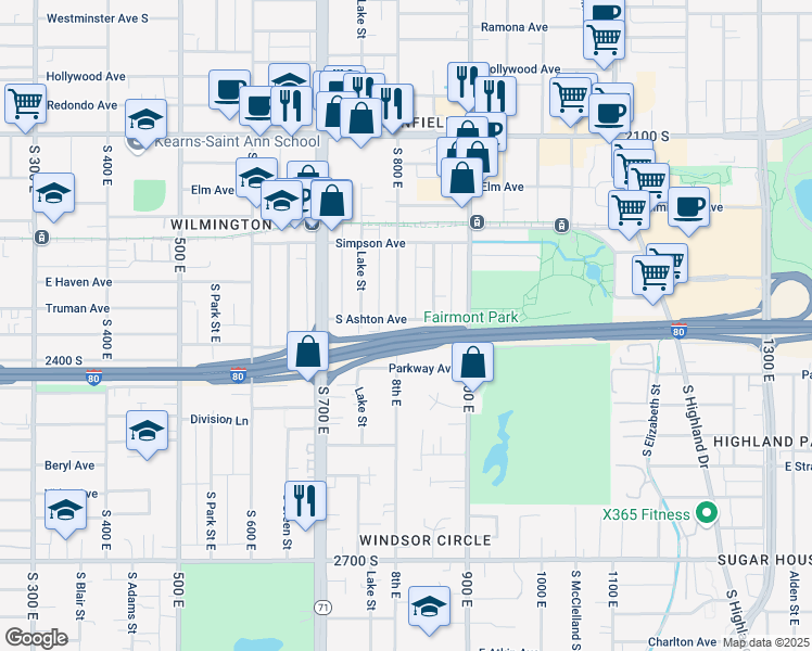 map of restaurants, bars, coffee shops, grocery stores, and more near 2392 8th East in Salt Lake City