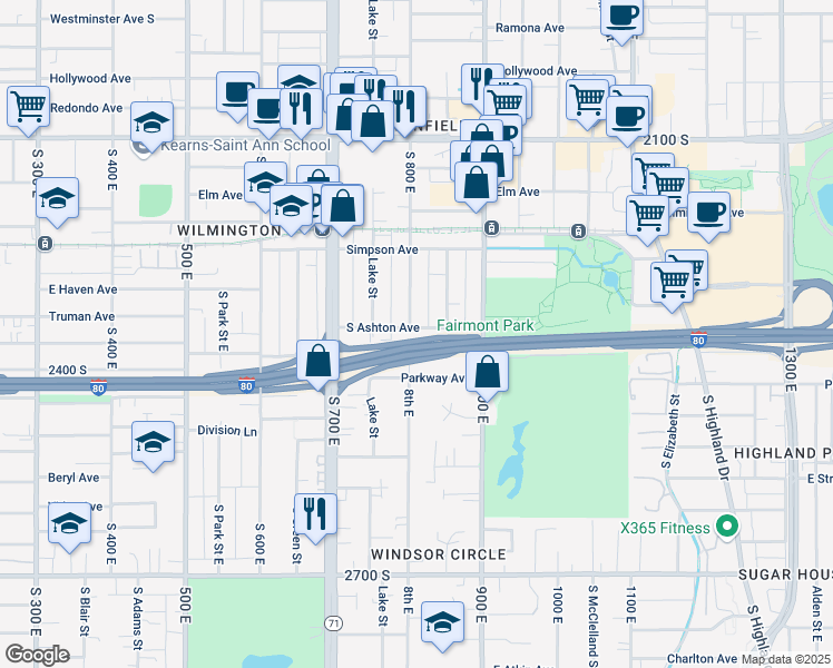 map of restaurants, bars, coffee shops, grocery stores, and more near 2392 8th East in Salt Lake City