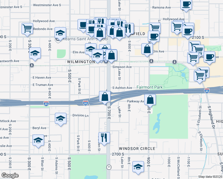 map of restaurants, bars, coffee shops, grocery stores, and more near 2346 South 700 East in Salt Lake City