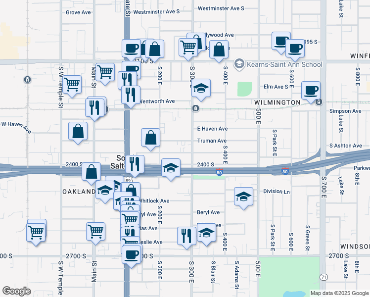 map of restaurants, bars, coffee shops, grocery stores, and more near 265 East 2400 South in South Salt Lake