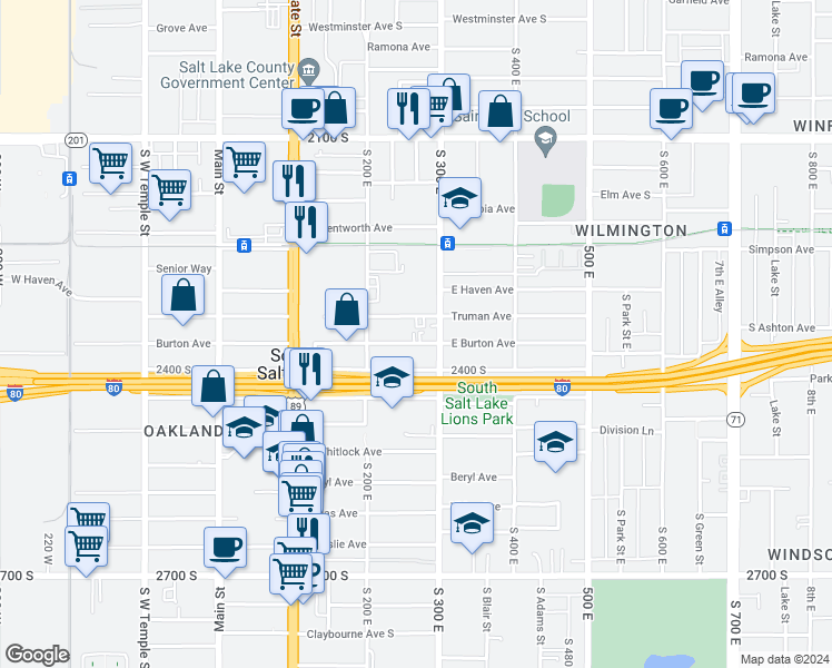 map of restaurants, bars, coffee shops, grocery stores, and more near 265 East 2400 South in South Salt Lake