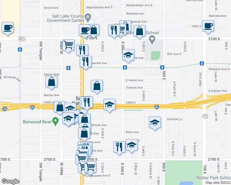 map of restaurants, bars, coffee shops, grocery stores, and more near 265 East 2400 South in South Salt Lake
