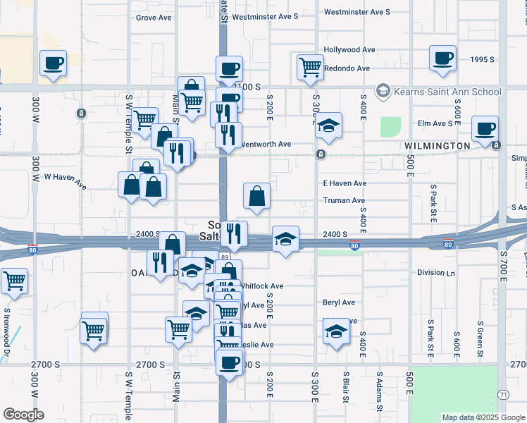 map of restaurants, bars, coffee shops, grocery stores, and more near 165 East 2400 South in South Salt Lake