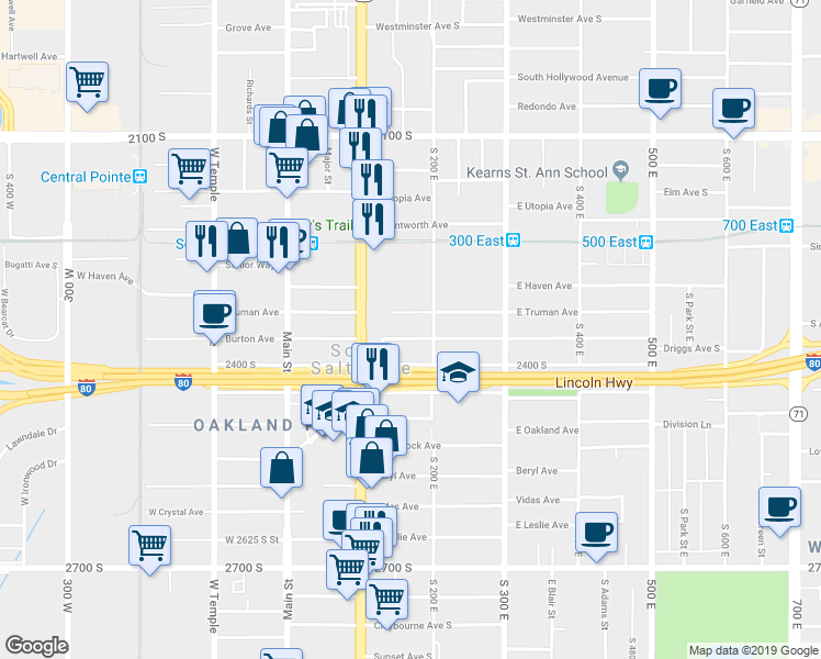 map of restaurants, bars, coffee shops, grocery stores, and more near 165 East 2400 South in South Salt Lake