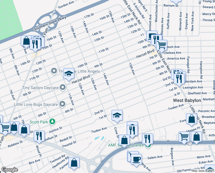 map of restaurants, bars, coffee shops, grocery stores, and more near 1326 4th Street in West Babylon