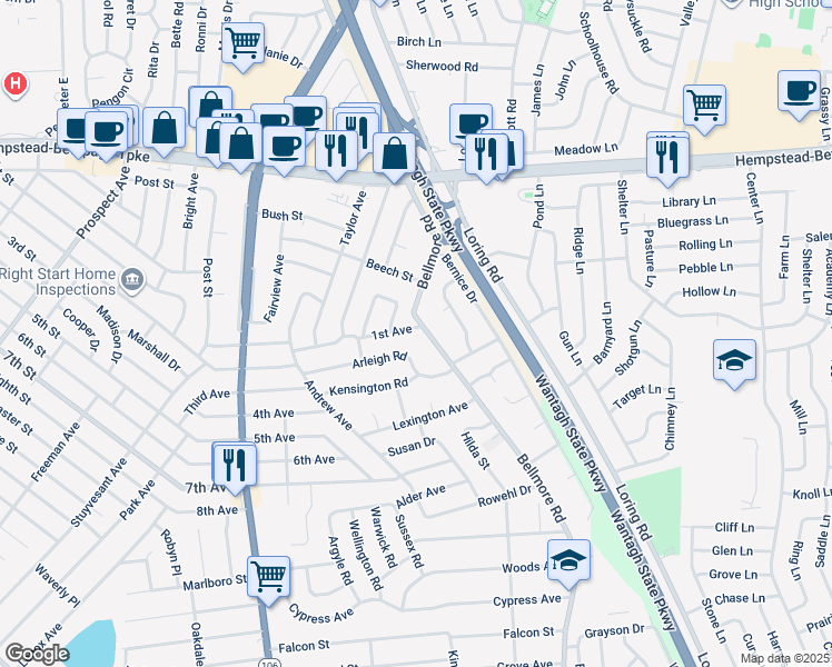 map of restaurants, bars, coffee shops, grocery stores, and more near 190 Bellmore Road in East Meadow