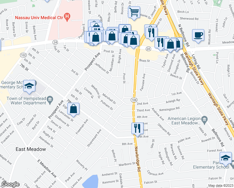 map of restaurants, bars, coffee shops, grocery stores, and more near 2510 2nd Street in East Meadow