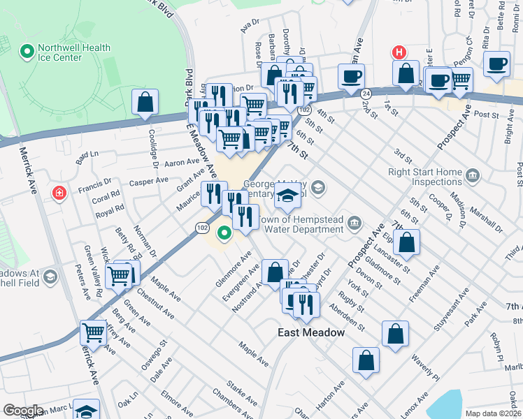 map of restaurants, bars, coffee shops, grocery stores, and more near 1898 Lincoln Avenue in East Meadow
