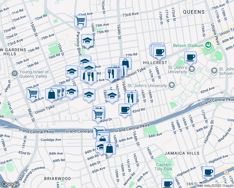 map of restaurants, bars, coffee shops, grocery stores, and more near 80-62 161 Street in Queens