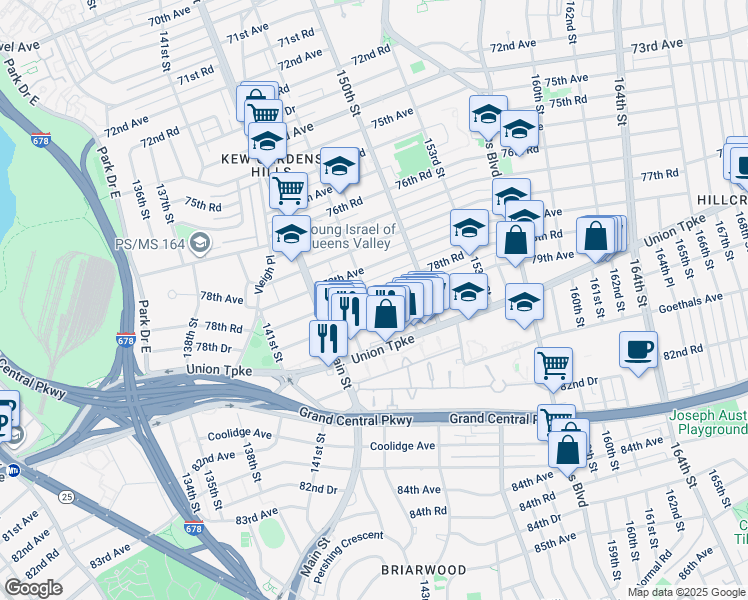 map of restaurants, bars, coffee shops, grocery stores, and more near 79-19 147th Street in Queens